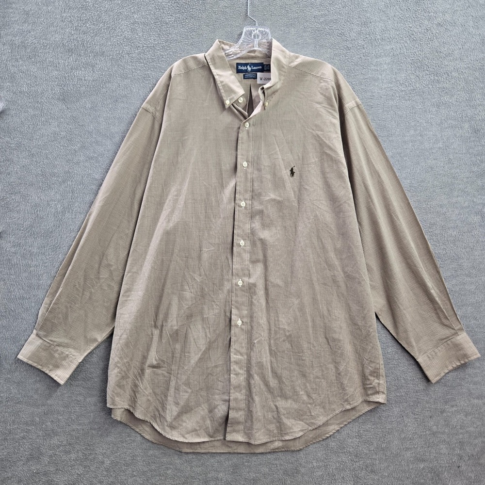 VINTAGE Ralph Lauren Men Button Up Shirt 17.5 Brown Yarmouth Logo Embroidered